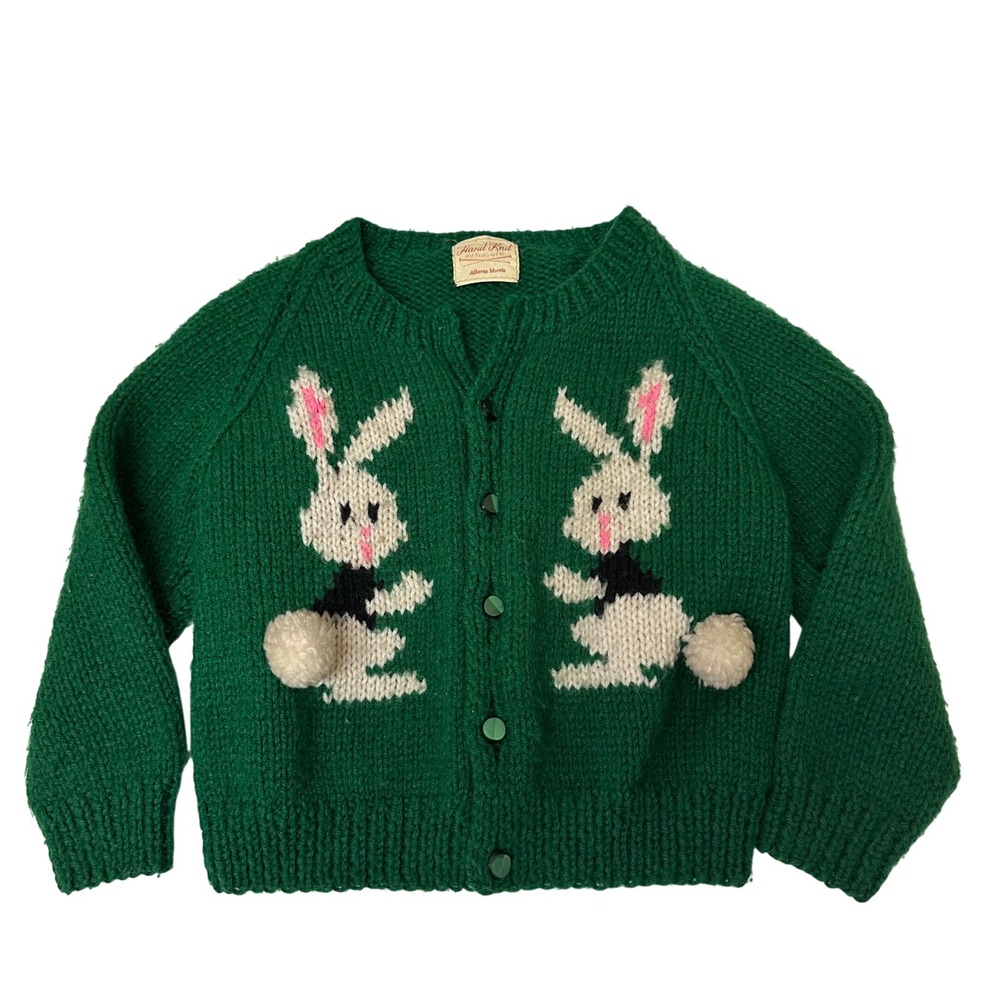 Alberta Morris Hand Knit Kids Green Bunny Rabbit Pom Pom Cardigan Sweater